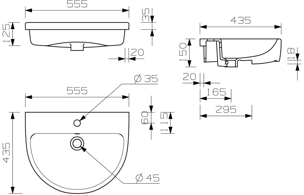 HRD 555x435mm 1TH Semi Recessed Basin