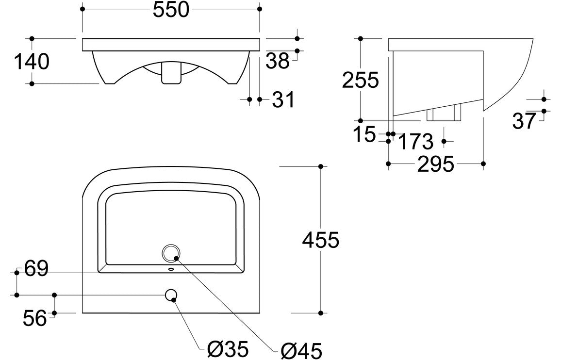 HRD 520x400mm 1TH Semi Recessed Basin