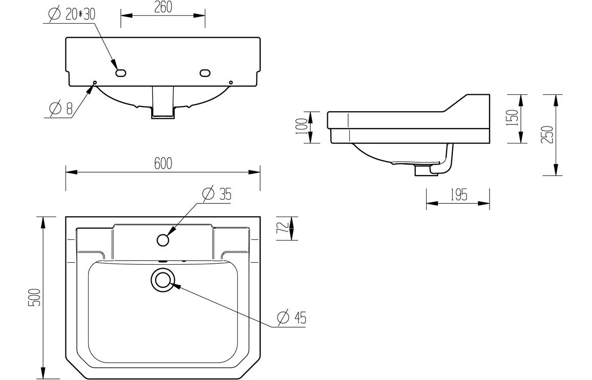 HRD 600x500mm 1TH Basin & Full Pedestal
