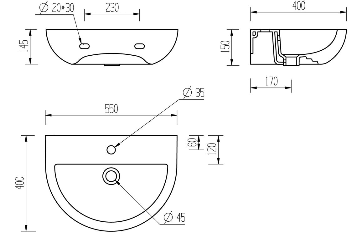 HRD 550x400mm 1TH Basin & Full Pedestal