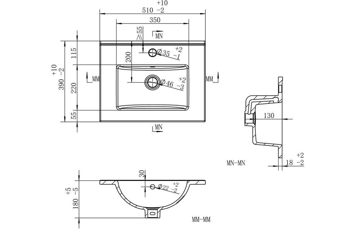 HRD 510mm Wall Hung 2 Drawer Basin Unit & 1TH Basin