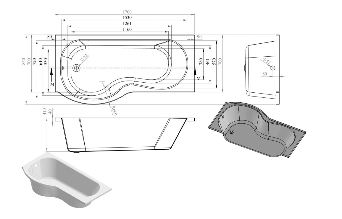 Aura P-Shape Single End Bath 1700x700-850x410mm