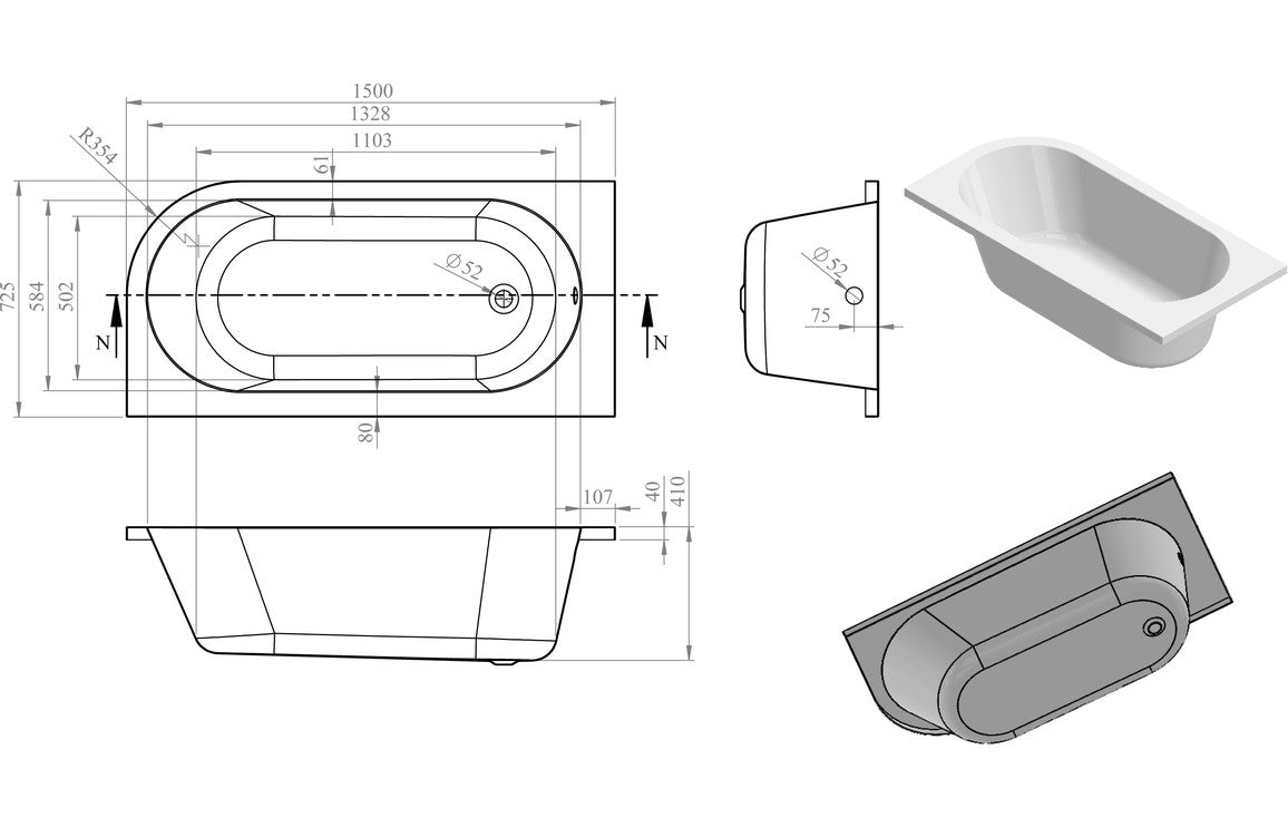 Aura J-Shape Bath 1500x725x600mm with Legs
