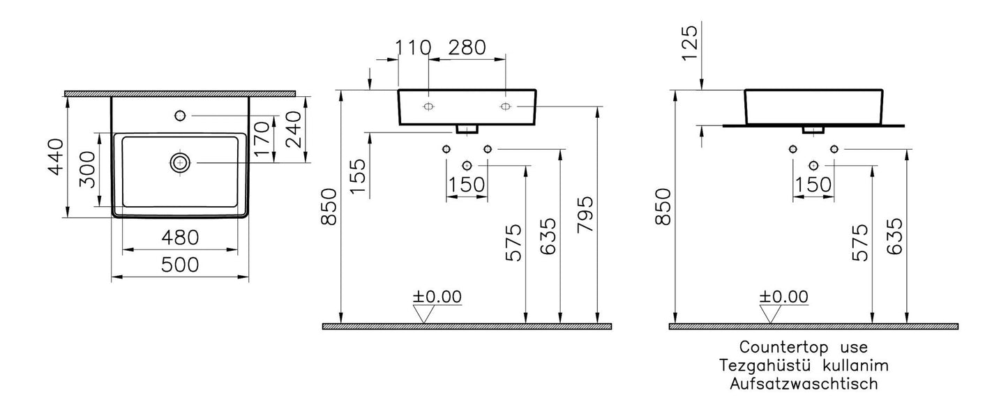 HRD 500x440mm 1TH Countertop Basin with Overflow