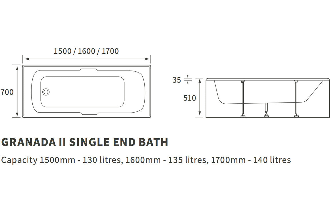 Aura Single End Bath 1700x700x510mm (2TH, Twin Grip, Textured Base, 8mm)