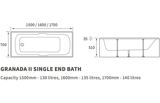 Aura Single End Bath 1700x700x510mm (2TH, Twin Grip, Textured Base, 8mm)