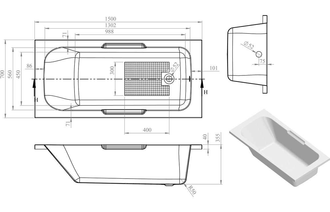 Aura Gripped Bath 1500x700x550mm with Legs
