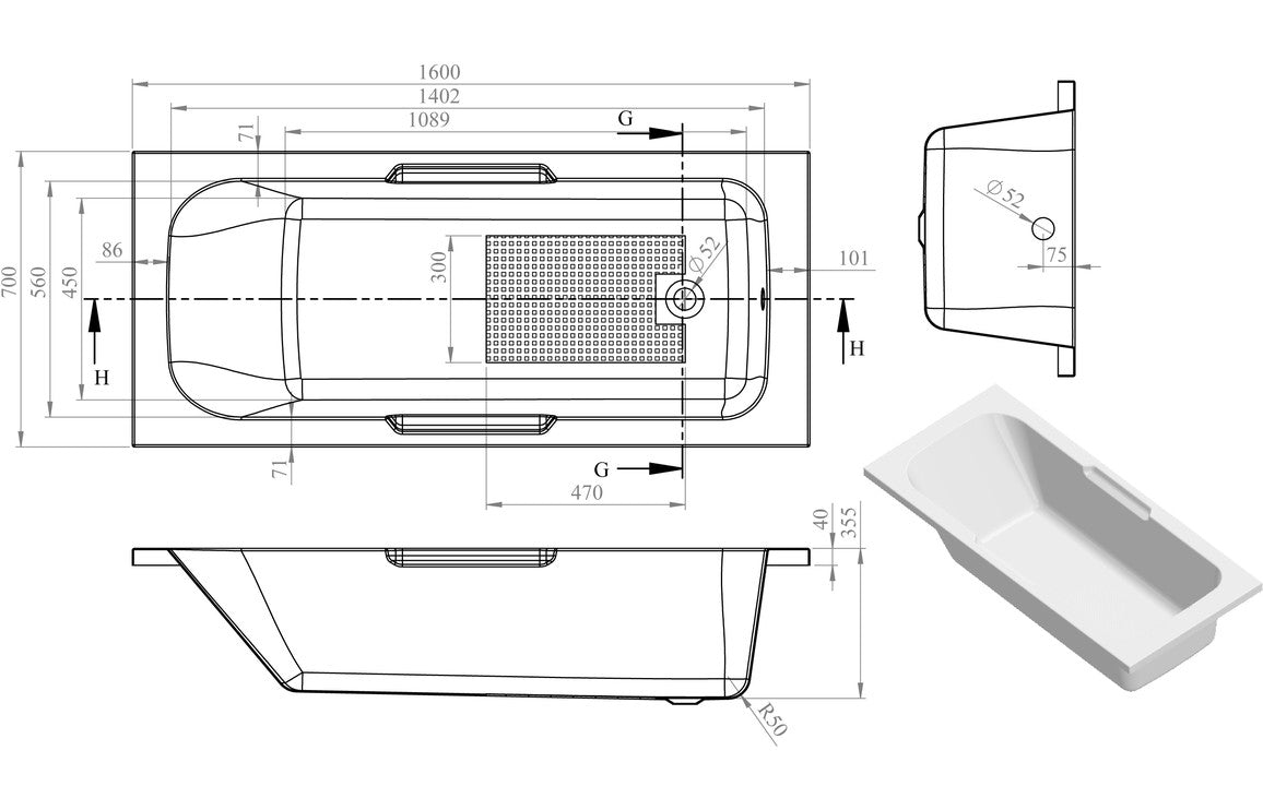 Aura Gripped Bath 1600x700x550mm with Legs