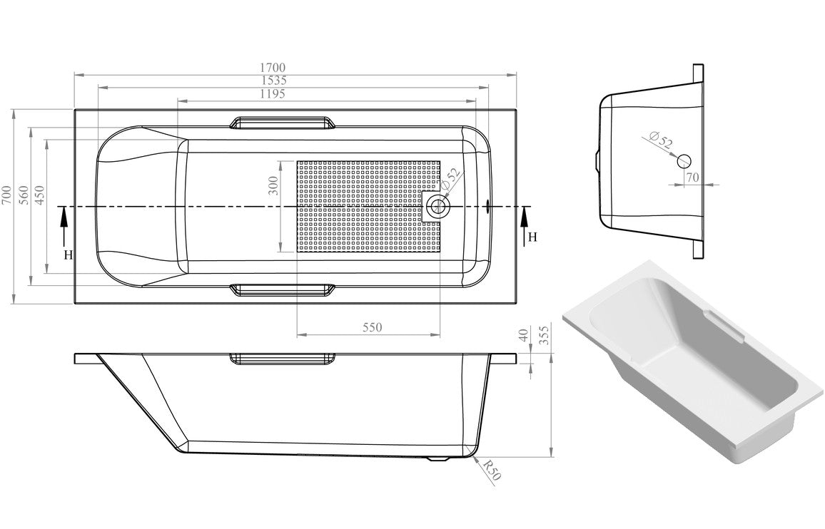 Aura Gripped SUPERCAST Bath 1700x700x550mm with Legs