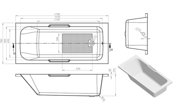 Aura Gripped SUPERCAST Bath 1700x700x550mm with Legs