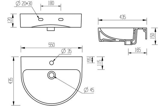 HRD 555x430mm 1TH Basin & Full Pedestal