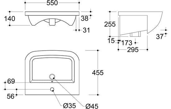 HRD 520x400mm 1TH Semi Recessed Basin