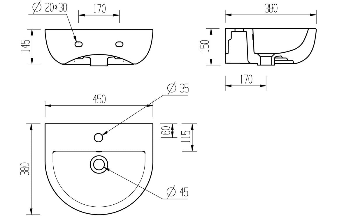 HRD 450x400mm 1TH Cloakroom Basin & Bottle Trap