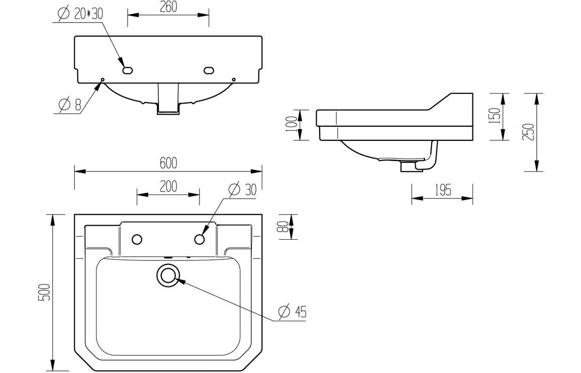 HRD 600x500mm 2TH Basin & Full Pedestal