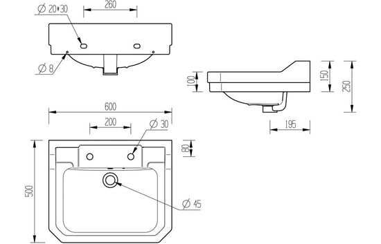 HRD 600x500mm 2TH Basin & Full Pedestal