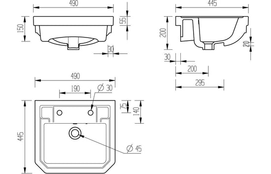 HRD 495x445mm 2TH Semi Recessed Basin