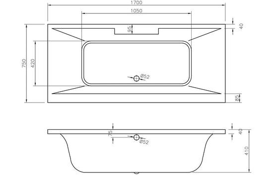 Aura Square Double End Bath 1700x750x550mm with Legs