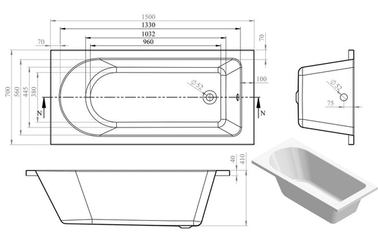 Aura Round Single End Bath 1500x700x550mm with Legs