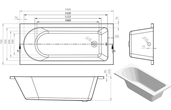 Aura Round Single End SUPERCAST Bath 1600x700x550mm with Legs