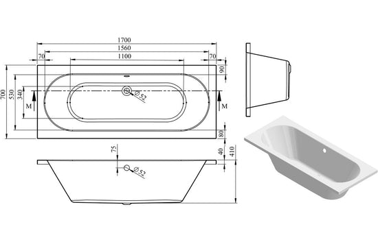Aura Round Double End Bath 1700x700x550mm with Legs