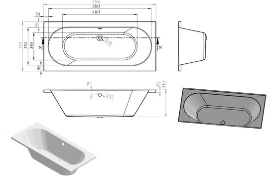 Aura Round Double End Bath 1700x750x550mm with Legs