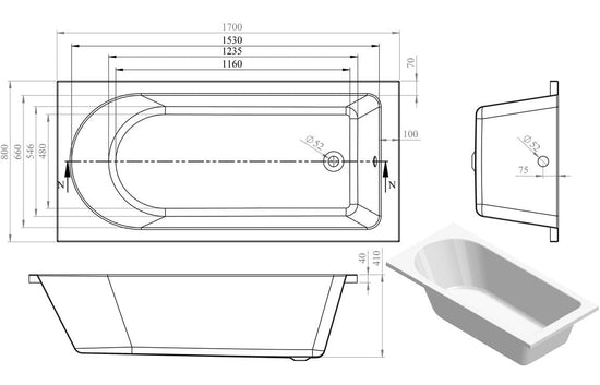 Aura Round Single End Bath 1700x800x550mm with Legs