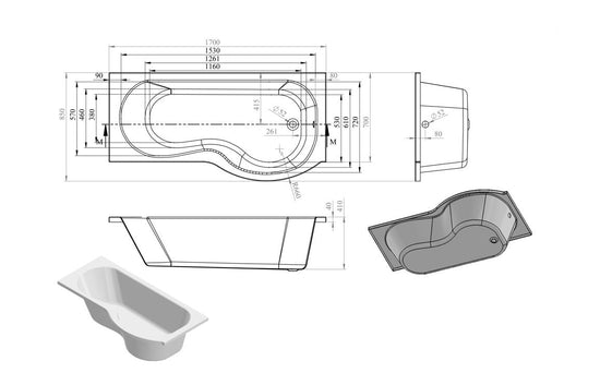 Aura P-Shape Single End Bath 1700x700-850x410mm