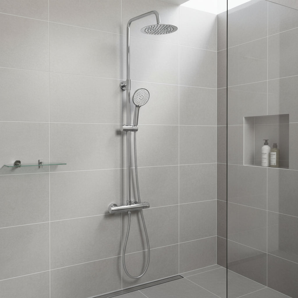 Corvella Thermostatic Bar Shower With Ultra Slim Shower Drencher Sliding Handset – Corvella Thermostatic Bar Shower with Ultra Slim Shower Drencher & Sliding Handset | Luxury Bathroom & Radiator Collection by HomeRangeDirect