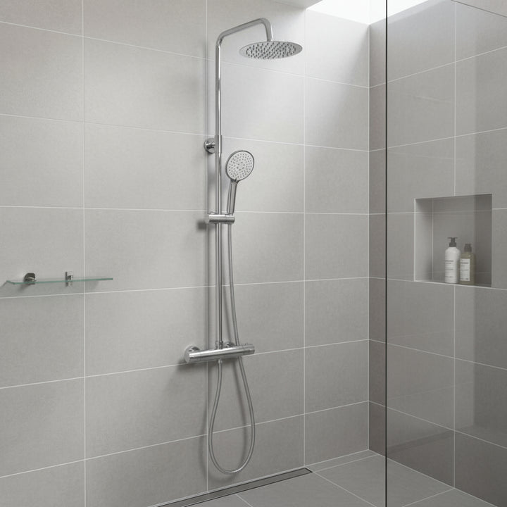 Corvella Thermostatic Bar Shower With Ultra Slim Shower Drencher Sliding Handset – Corvella Thermostatic Bar Shower with Ultra Slim Shower Drencher & Sliding Handset | Luxury Bathroom & Radiator Collection by HomeRangeDirect