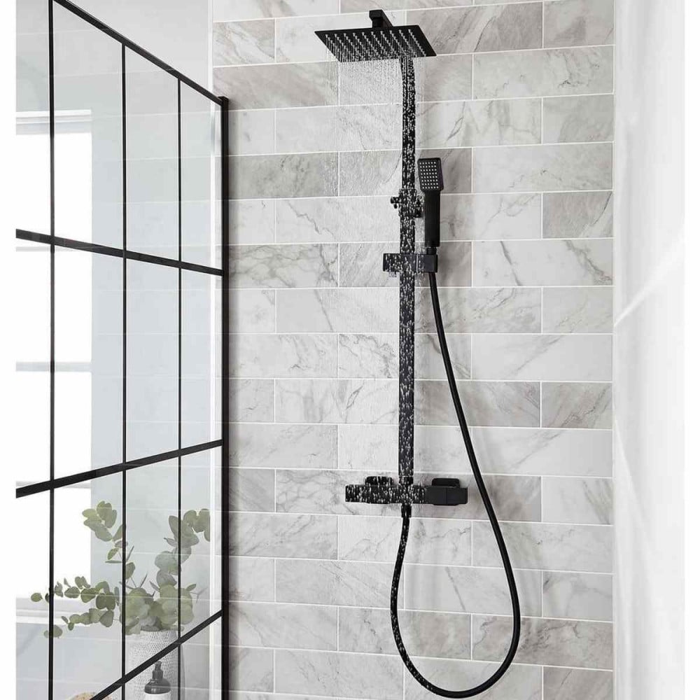 Corvella Square Thermostatic Exposed Bar Shower With Overhead Drencher Sliding Handset – Corvella Square Thermostatic Exposed Bar Shower with Overhead Drencher & Sliding Handset | Luxury Bathroom & Radiator Collection by HomeRangeDirect