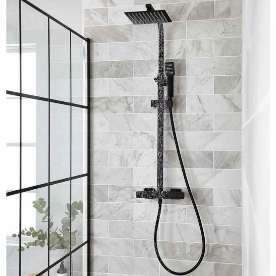Corvella Square Thermostatic Exposed Bar Shower With Overhead Drencher Sliding Handset – Corvella Square Thermostatic Exposed Bar Shower with Overhead Drencher & Sliding Handset | Luxury Bathroom & Radiator Collection by HomeRangeDirect