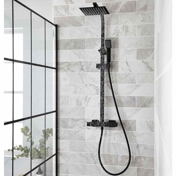 Corvella Square Thermostatic Exposed Bar Shower With Overhead Drencher Sliding Handset – Corvella Square Thermostatic Exposed Bar Shower with Overhead Drencher & Sliding Handset | Luxury Bathroom & Radiator Collection by HomeRangeDirect