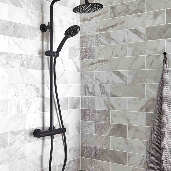 Corvella Round Thermostatic Exposed Bar Shower With Overhead Drencher Sliding Handset – Corvella Round Thermostatic Exposed Bar Shower with Overhead Drencher & Sliding Handset | Luxury Bathroom & Radiator Collection by HomeRangeDirect