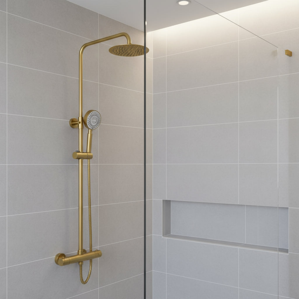 Corvella Thermostatic Exposed Bar Shower With Overhead Drencher Sliding Handset – Corvella Thermostatic Exposed Bar Shower with Overhead Drencher & Sliding Handset | Luxury Bathroom & Radiator Collection by HomeRangeDirect