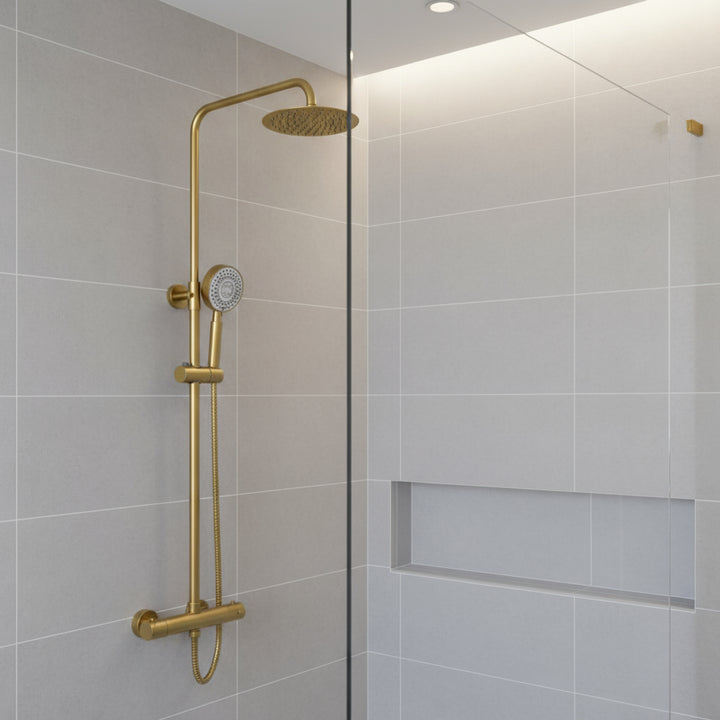 Corvella Thermostatic Exposed Bar Shower With Overhead Drencher Sliding Handset – Corvella Thermostatic Exposed Bar Shower with Overhead Drencher & Sliding Handset | Luxury Bathroom & Radiator Collection by HomeRangeDirect