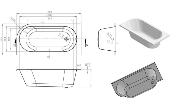 Aura J-Shape Bath 1500x725x600mm with Legs