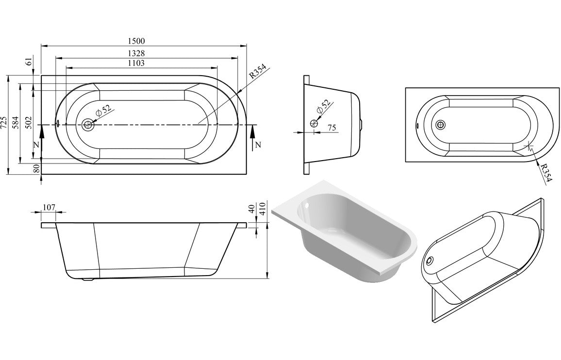 Aura J-Shape Bath 1500x725x600mm with Legs