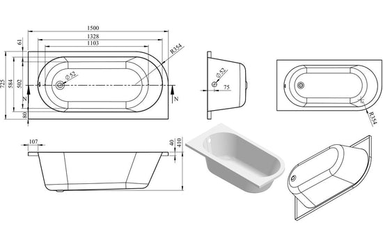 Aura J-Shape Bath 1500x725x600mm with Legs