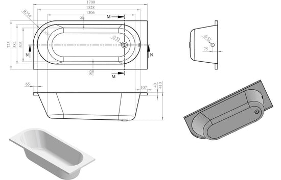 Aura J-Shape Bath 1700x725x600mm with Legs