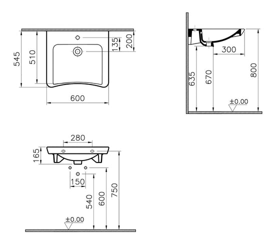 HRD 600x545mm 1TH Basin with Overflow